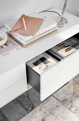 Fermo media unit with drop down door and drawer, light grey wood