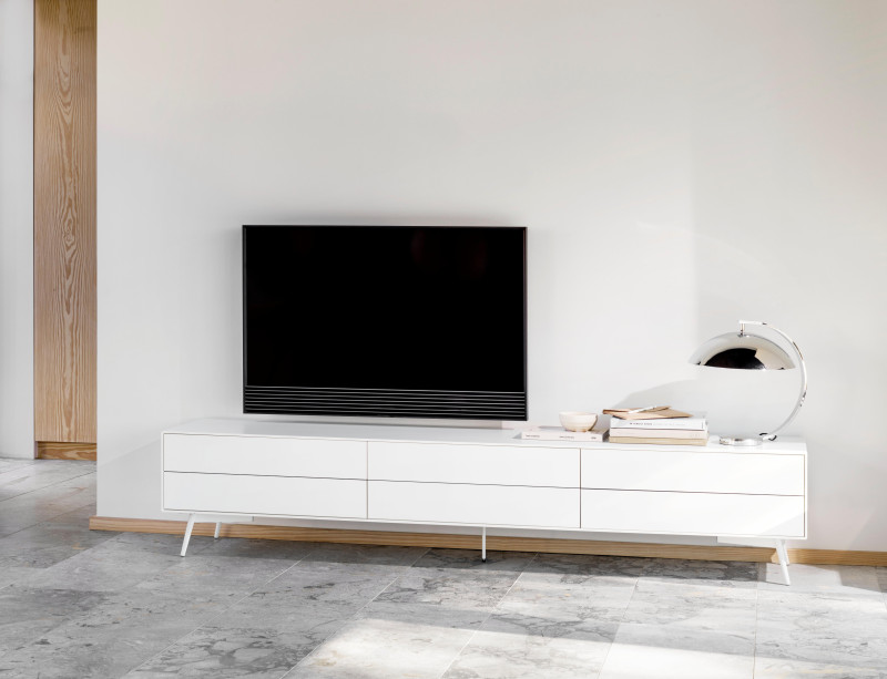 Fermo media unit with drop down doors, light grey wood