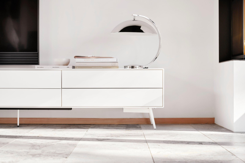 Fermo media unit with drop down door and drawer, light grey wood