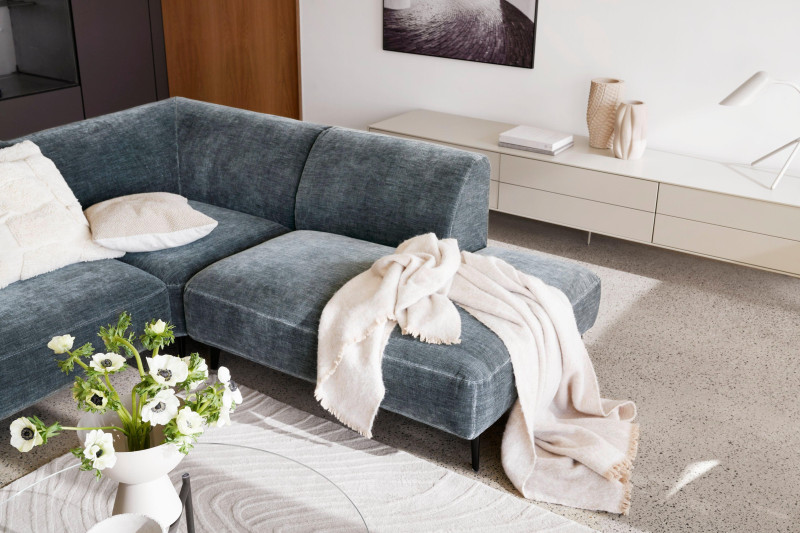 Fermo media unit with drop down doors, light grey wood