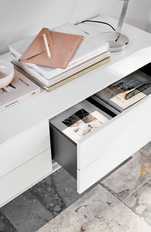 Fermo media unit with drop down door and drawer, light grey wood