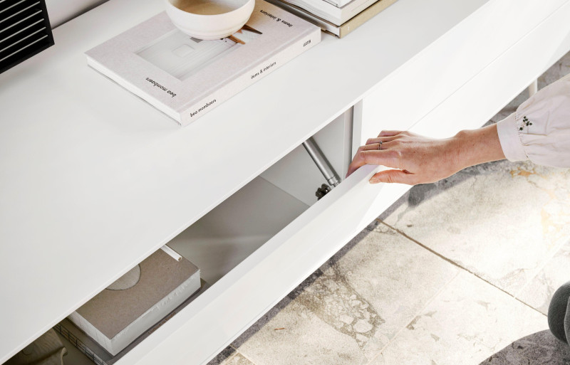 Fermo media unit with drop down doors, light grey wood