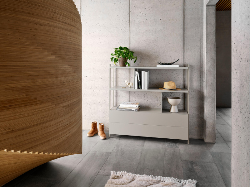 Calgary storage with dropdown front, light grey wood